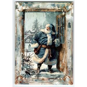Vintage Christmas Santa Claus in Blue Coat Lithograph Postcard 5.5x4 Holiday
